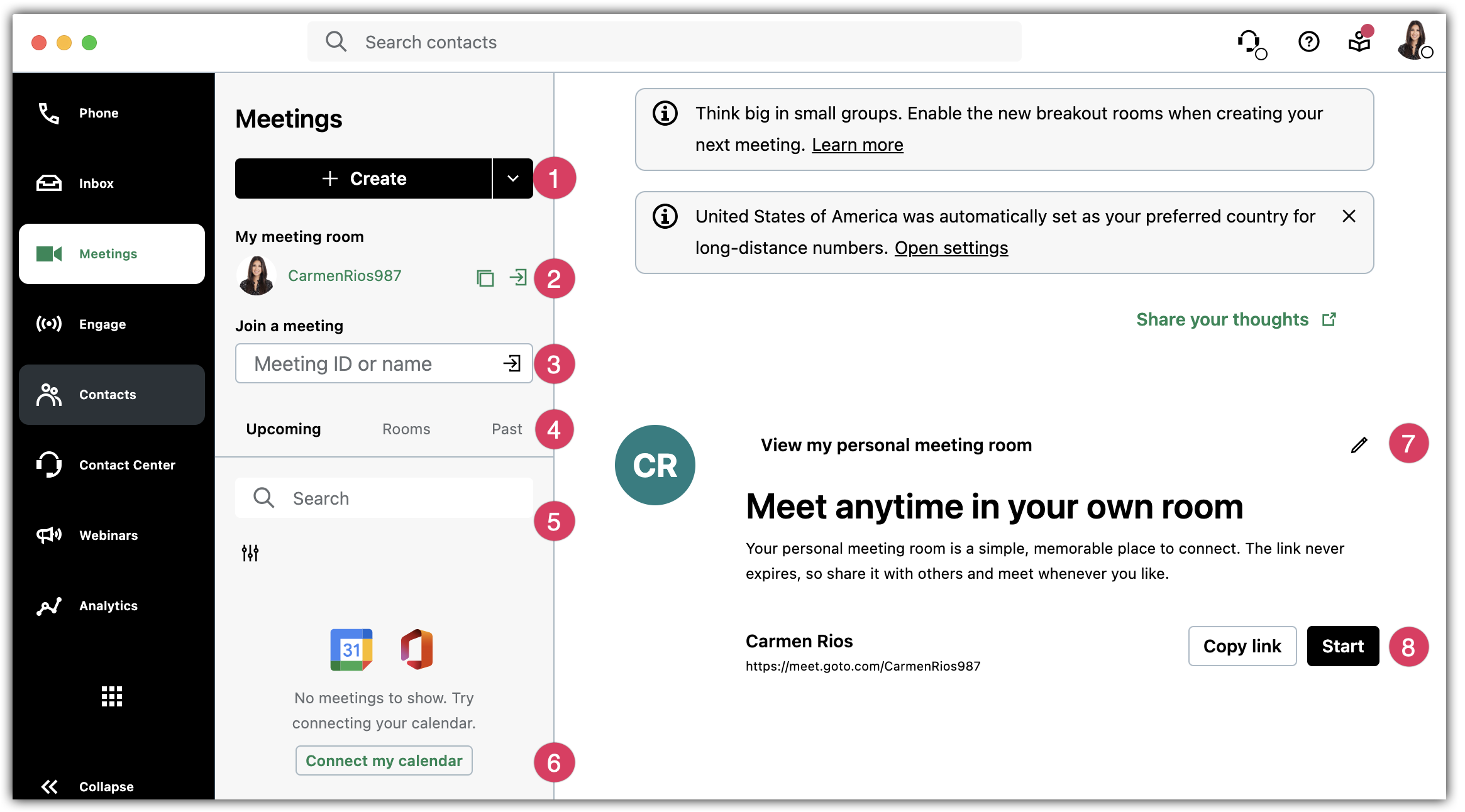 Meetings overview in GoTo desktop app