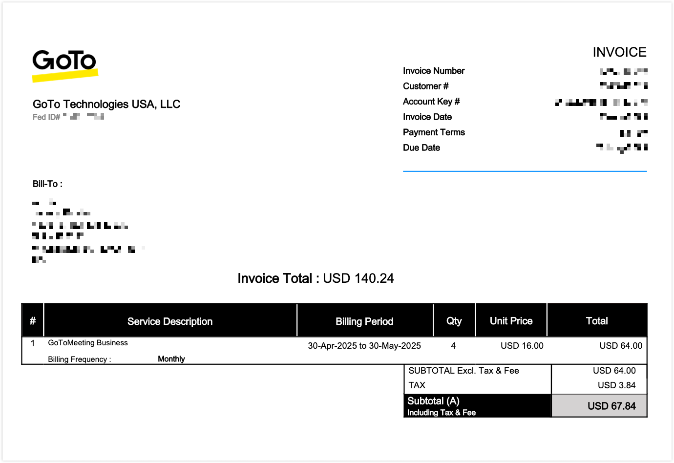 Sample invoice from GoTo Admin