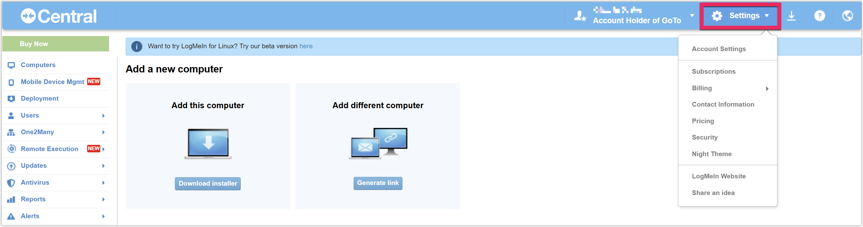 desplegable Configuración de LogMeIn Central.