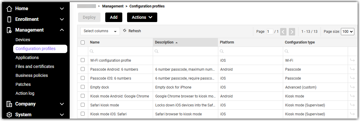 Adding configuration profile in Miradore.