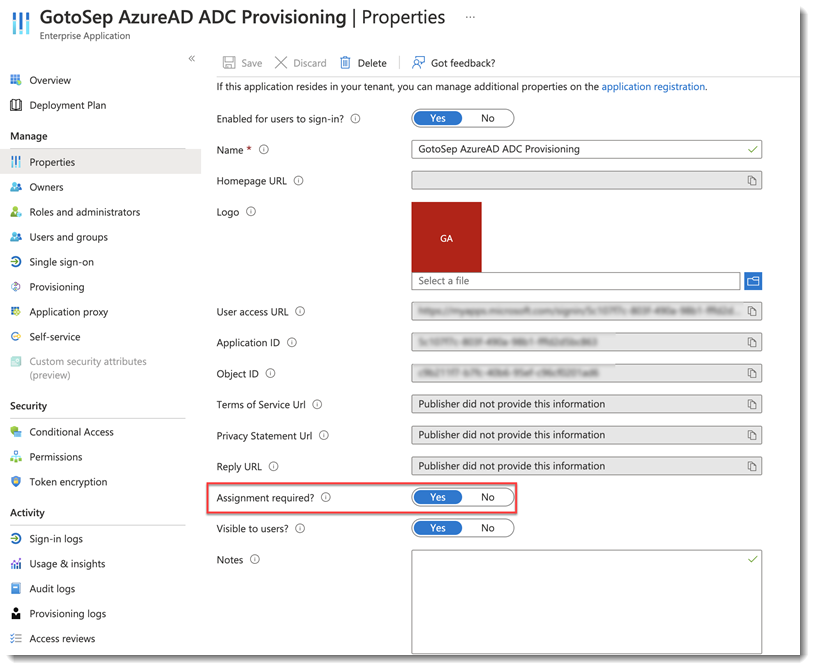 Provisioning App setting Assignment required