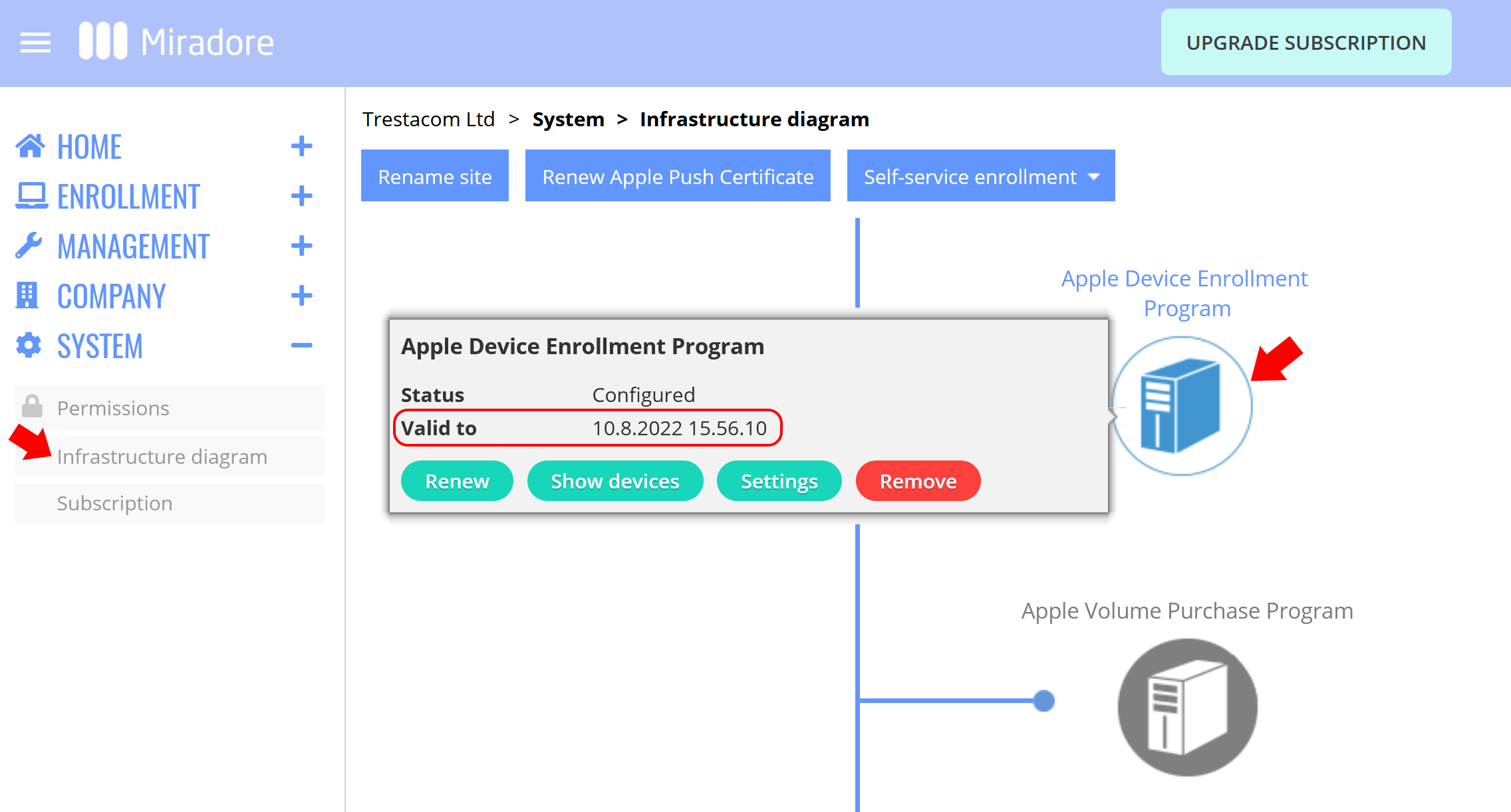 Apple DEP token validity period is shown in Miradore.