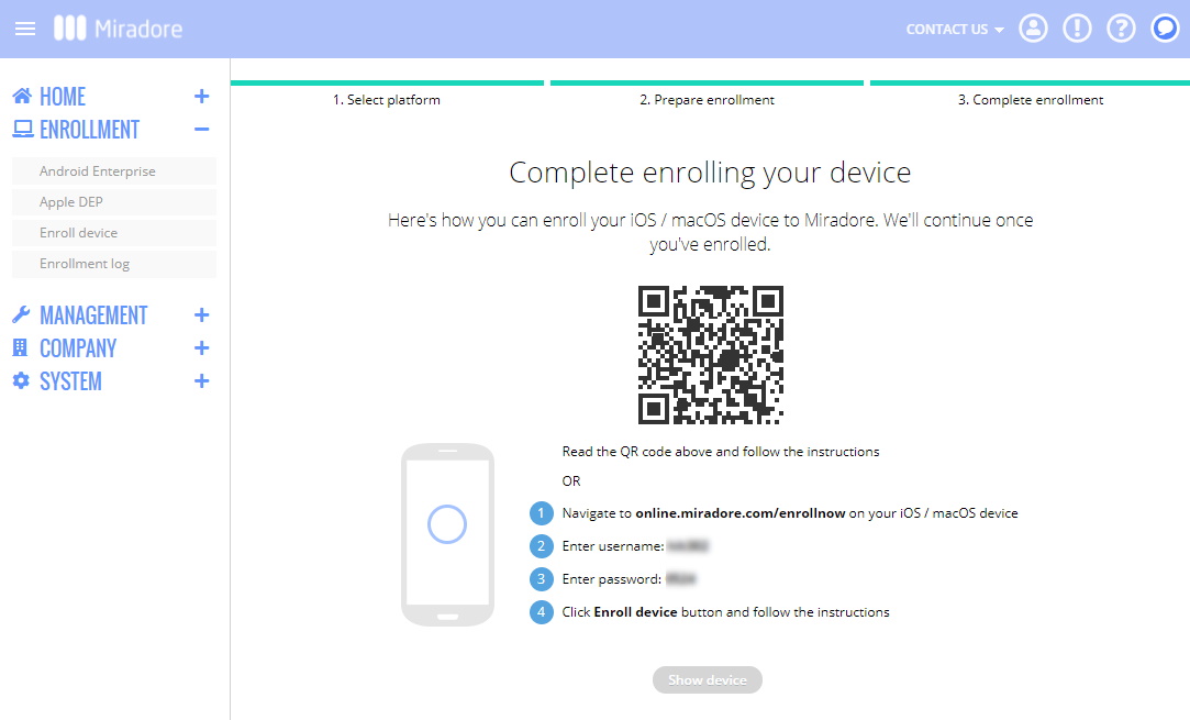 You can start enrolling a Mac into Miradore MDM by reading the provided QR code.