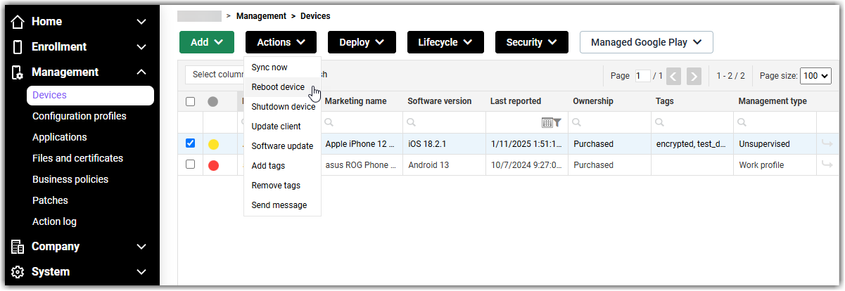 Reboot device from device page