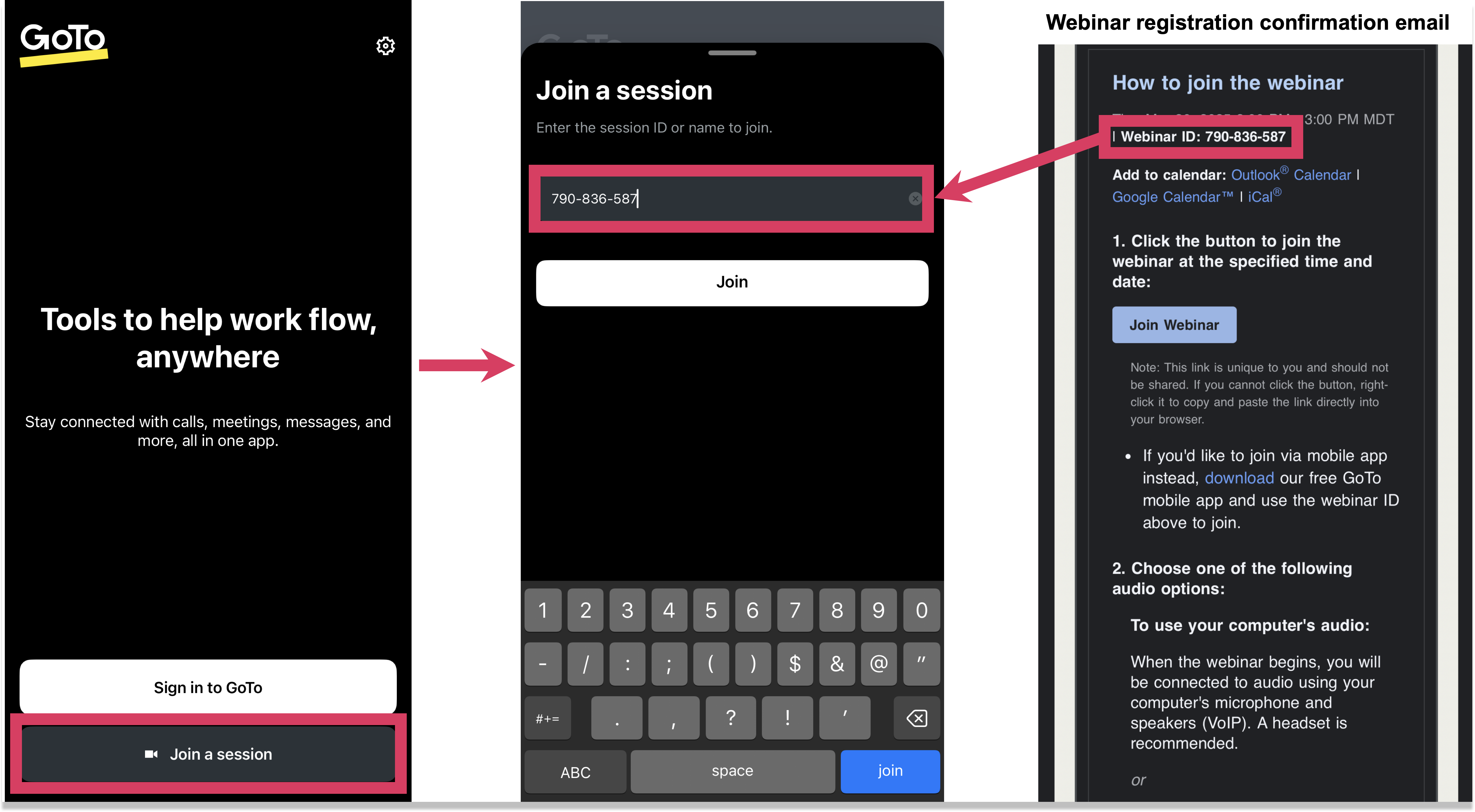 Verfahren zur Teilnahme an einem Webinar unter Verwendung der Webinar ID in der GoTo Mobile App.