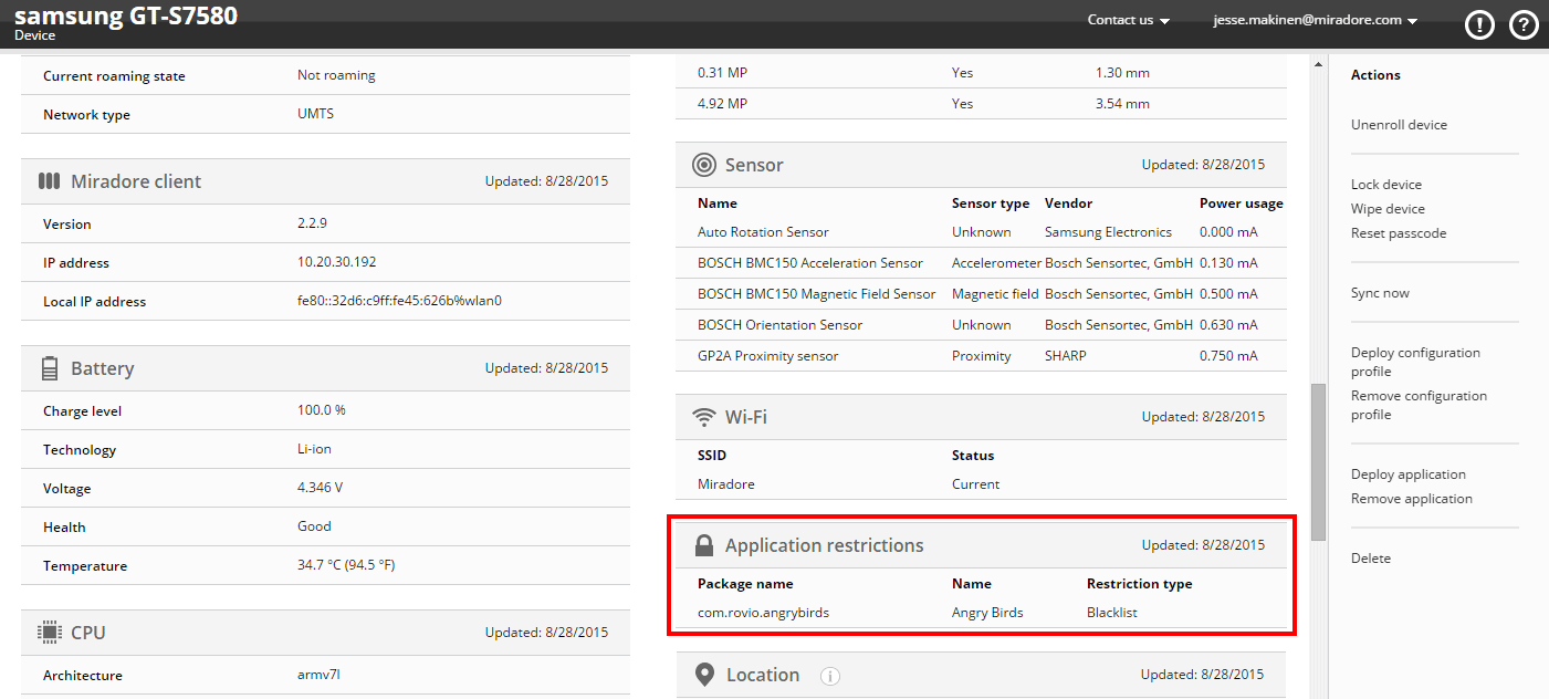 Application restrictions shown regarding a Samsung device.