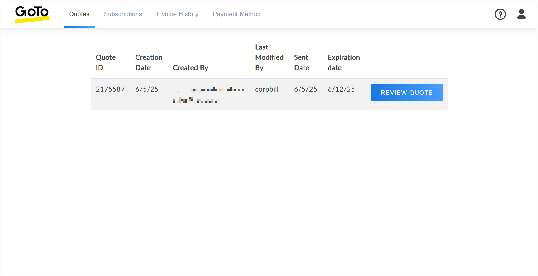 Corporate Billing Portal Página de presupuestos