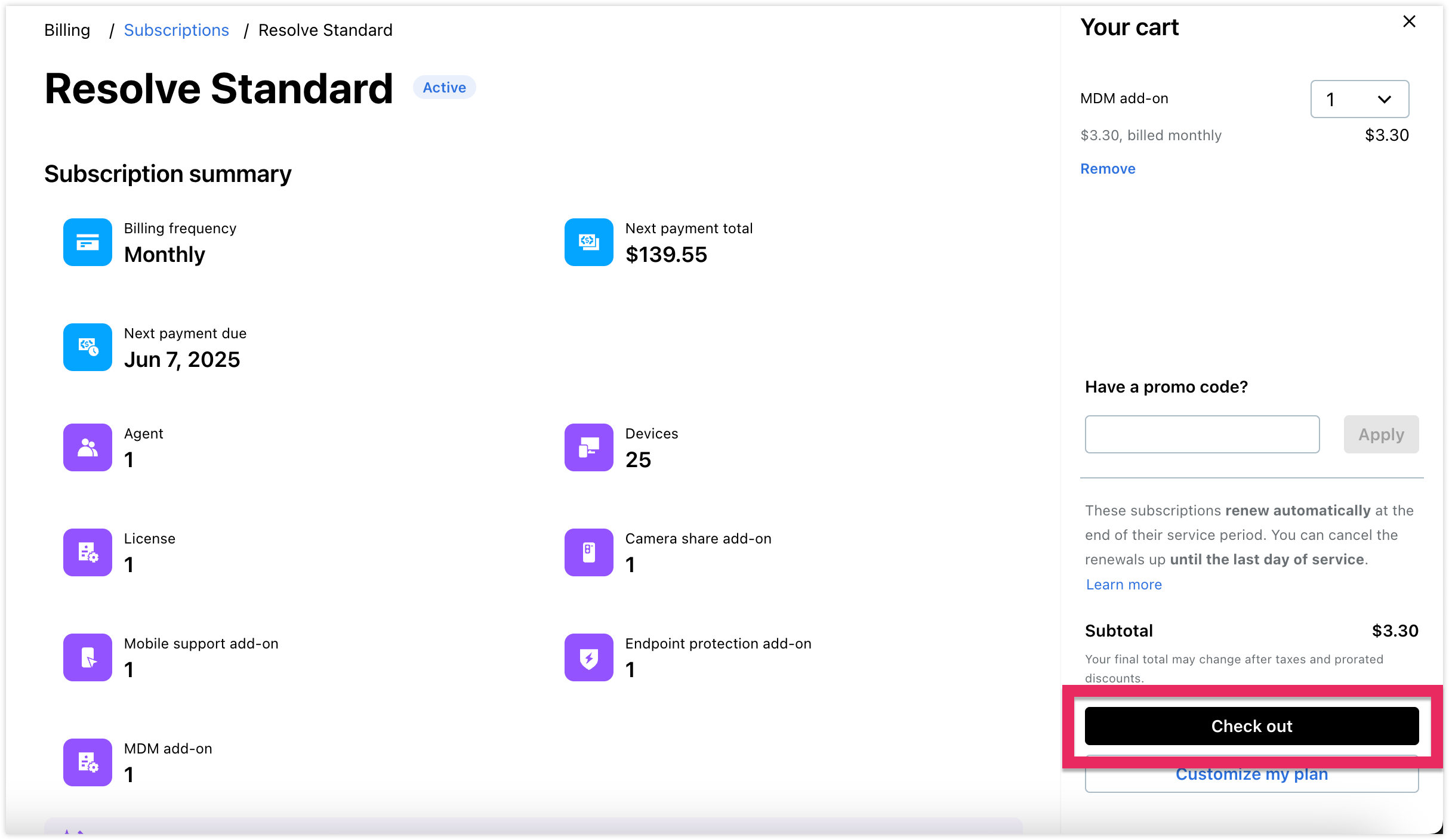 Consultez le panier à partir de la page de gestion des sousscriptde la page de gestion des sous-produits.