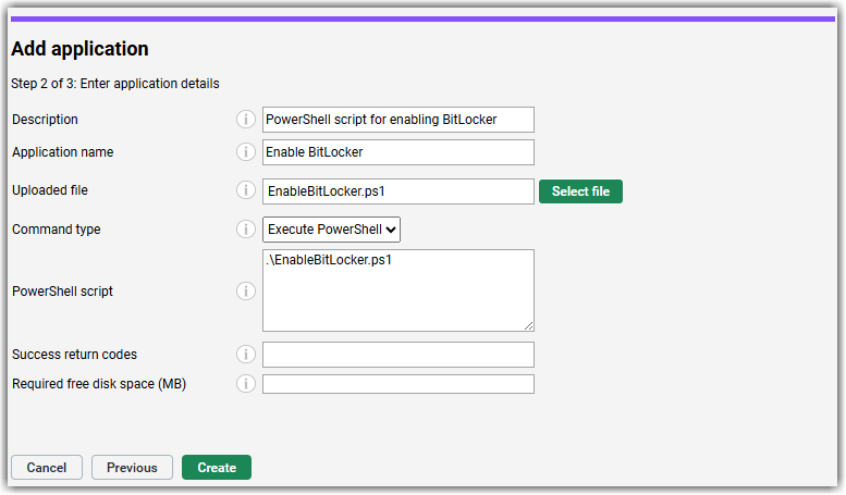 Example application details for enabling BitLocker on Windows 10 Pro devices using a PowerShell script