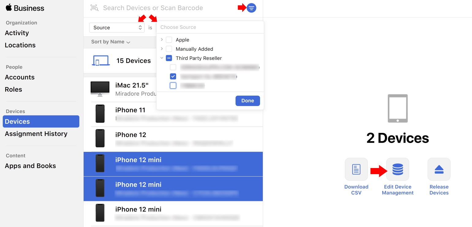 How to assign devices to an MDM server manually in Apple Business Manager. You can assign, reassign and unassign devices based on their order number or source.