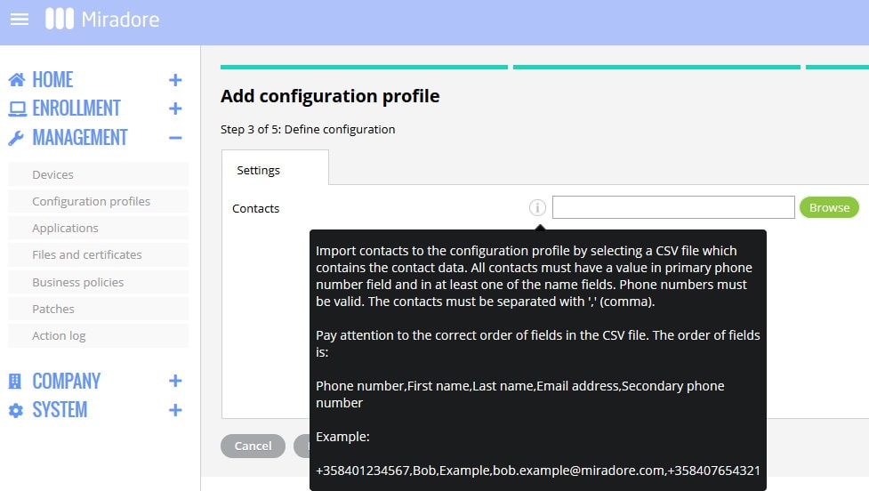 Adding contacts to the settings.
