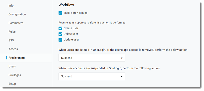 App Provisioning Settings in OneLogin