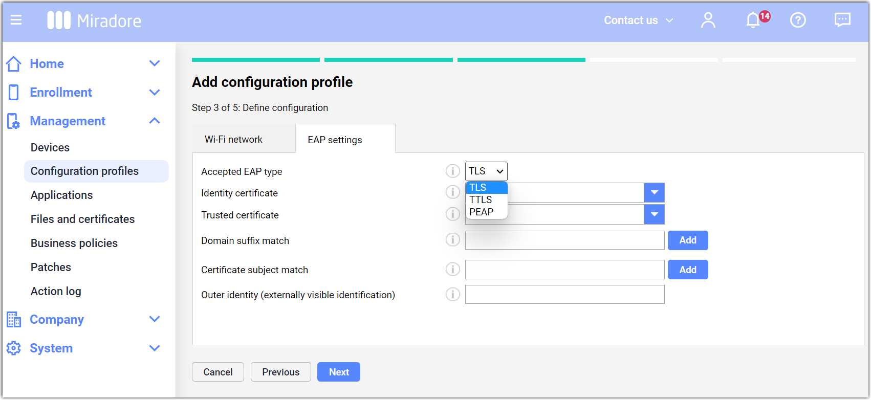 Configure EAP settings for the profile.