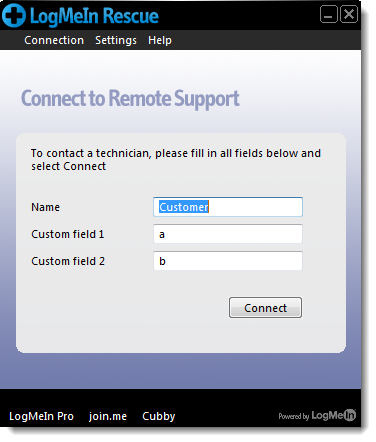 Standard LogMeIn Rescue Calling Card interface