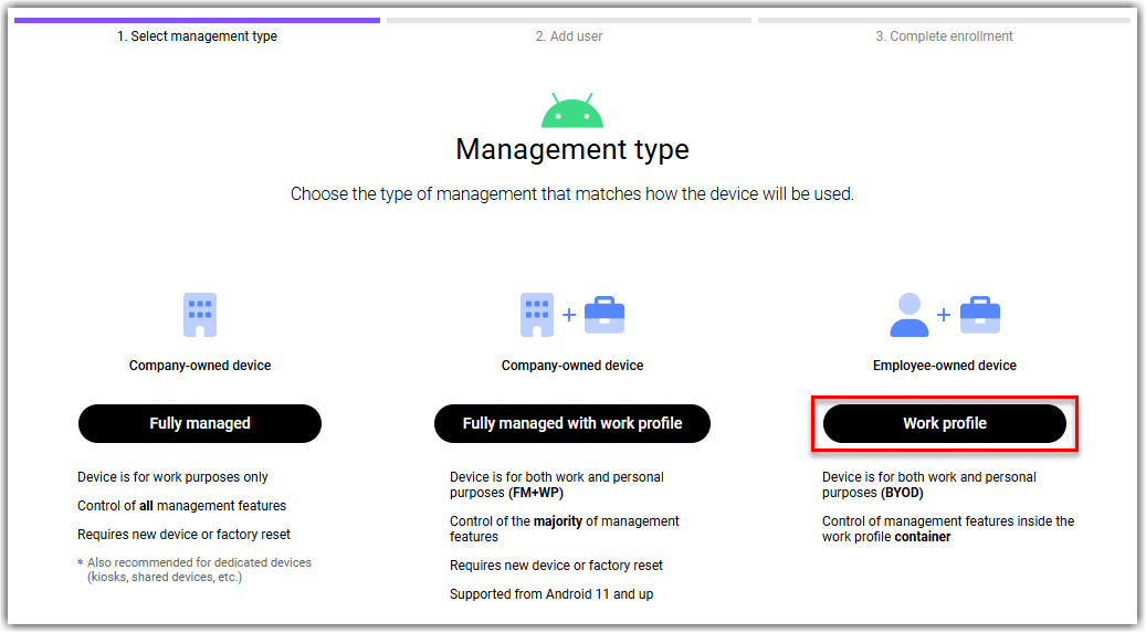 Work profile option in the Android enrollment wizard