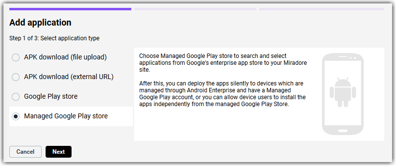 Selecting the Managed Google Play store radio button in the Add application wizard