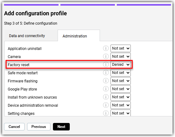 Denying factory reset in the configuration profile wizard