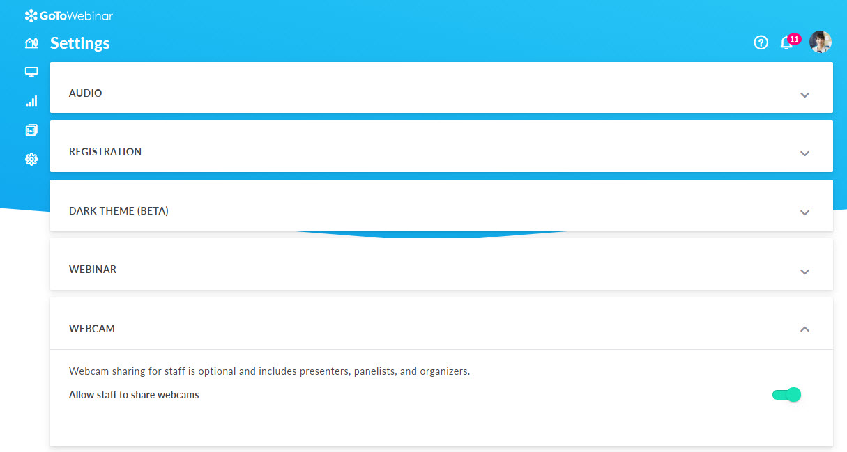 Configuración de cámaras web del grupo de gestión de GoTo Webinar