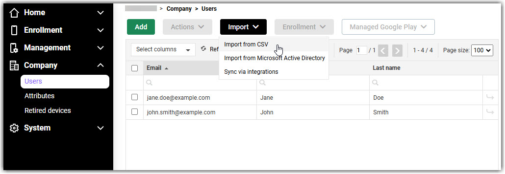 Import from CSV view on Miradore