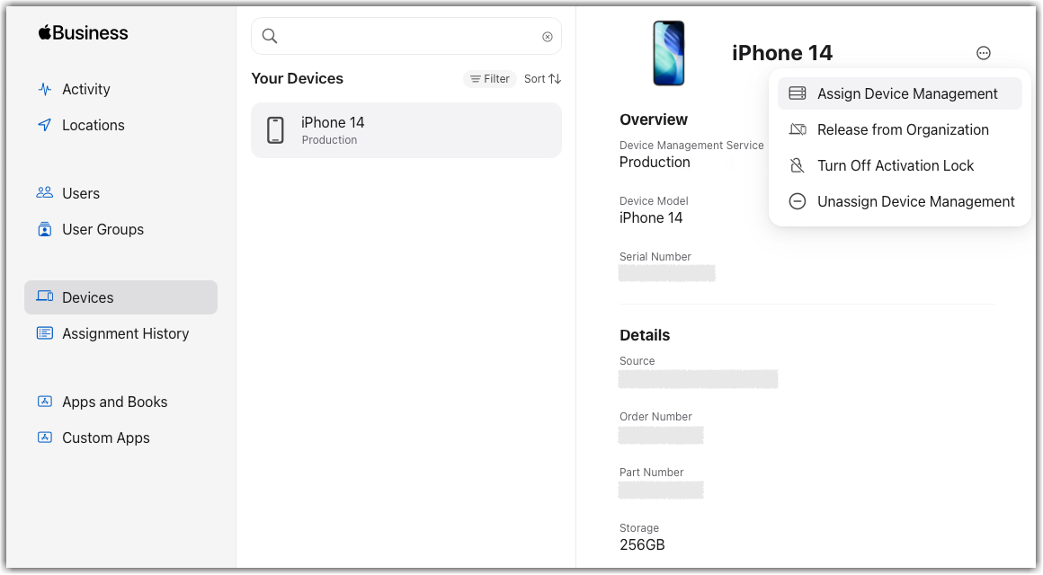 Selecting Assign Device Management from the ellipsis menu in Apple Business Manager