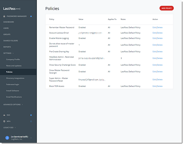 Enterprise Admin Console Policies. Add, Edit or Delete Policy.