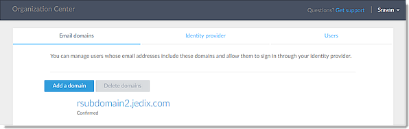 Organization Center Email Domains tab