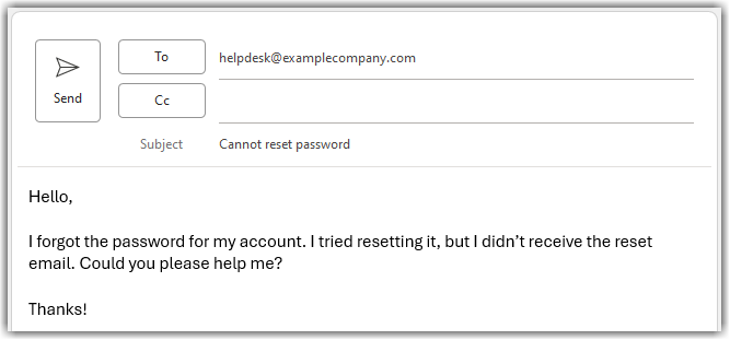 Example email for a helpdesk ticket