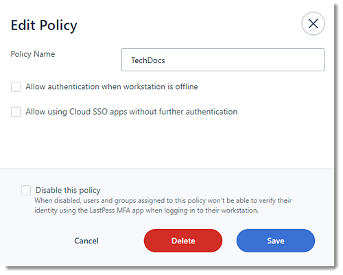 Edit policy screen