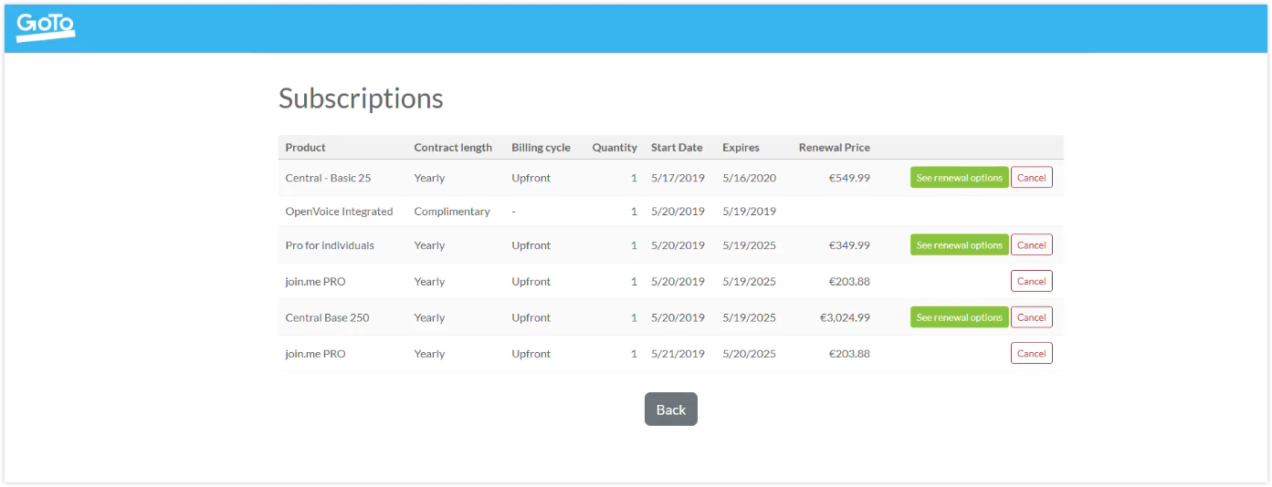 Subscriptiones en la página Portal de facturación de LogMeIn Classic.