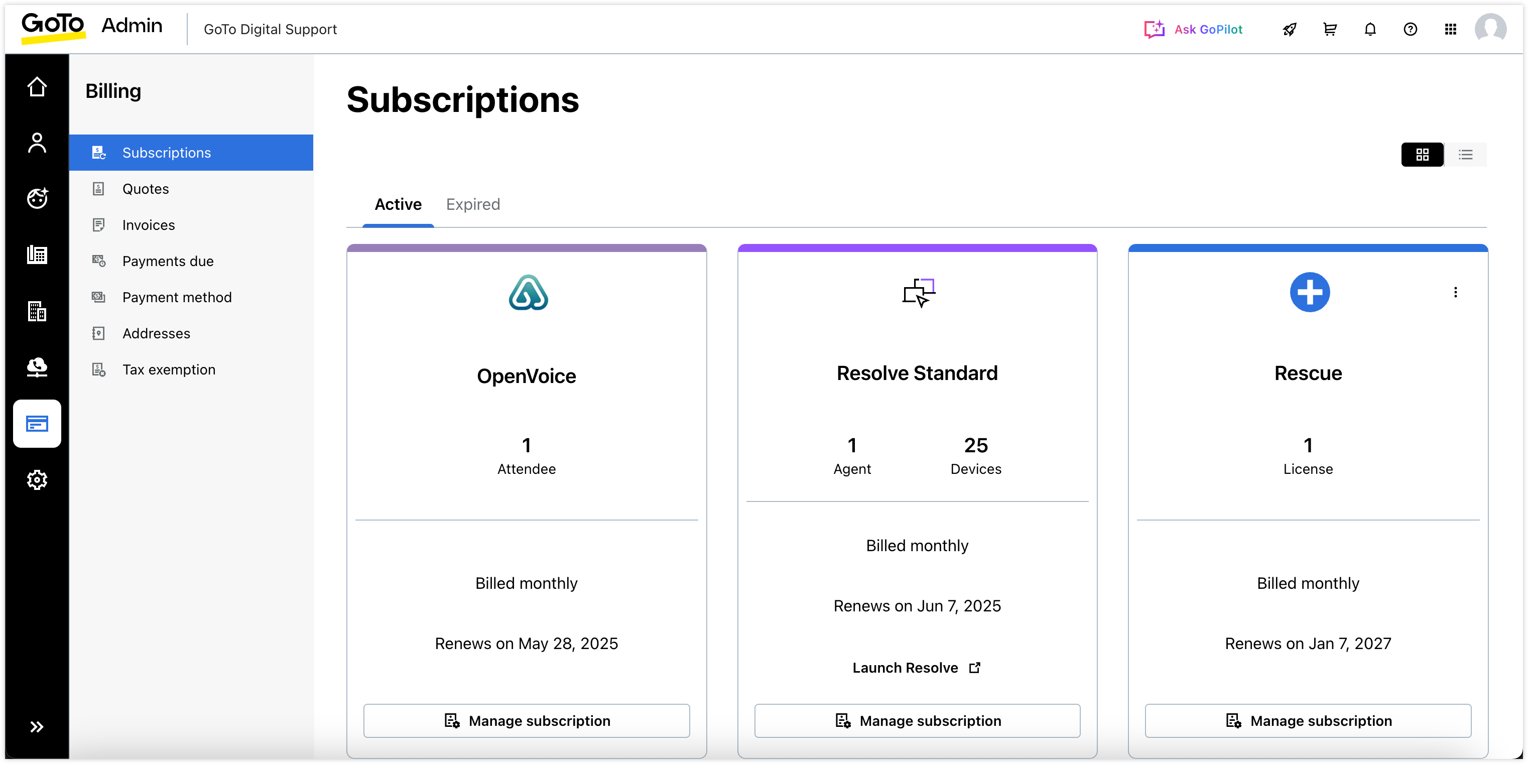 La page des sous-fonctions de facturationscriptdans la page GoTo Admin.
