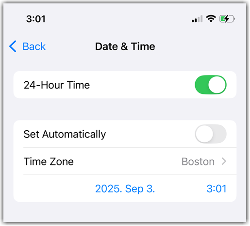 Set Automatically option toggled off in General > Date & Time in the Settings app in iOS