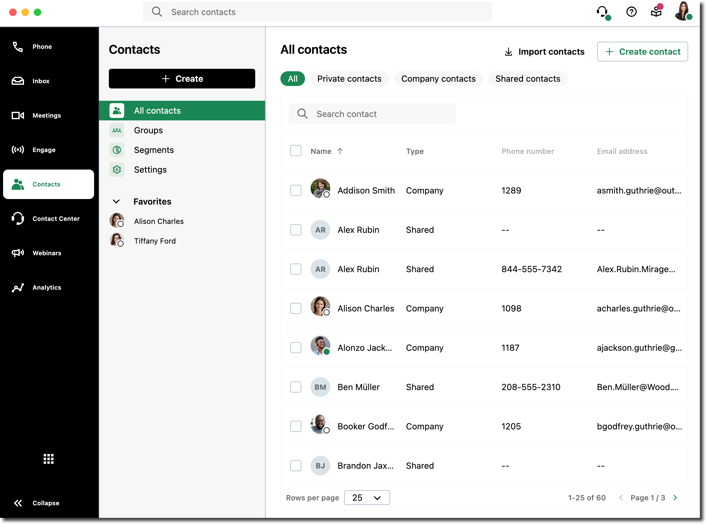 Panoramica della pagina dei contatti nell'applicazione desktop GoTo app per desktop