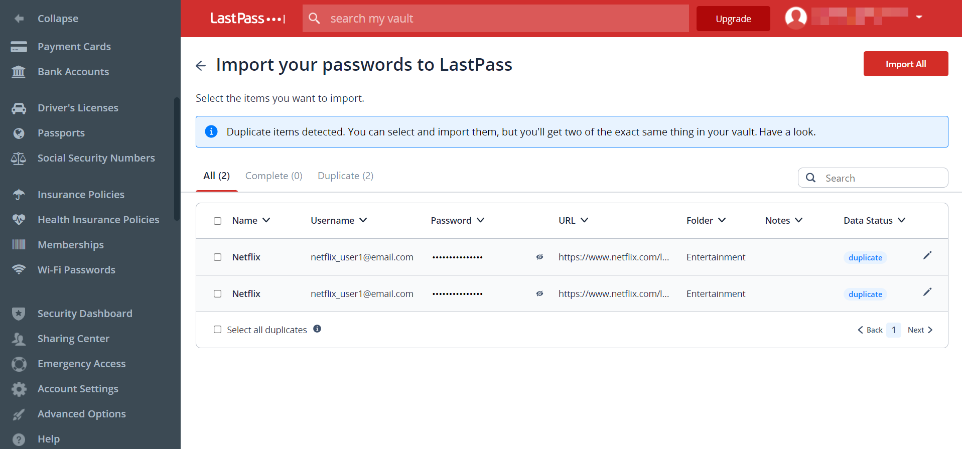 How do I import a LastPass CSV file that was exported from LastPass