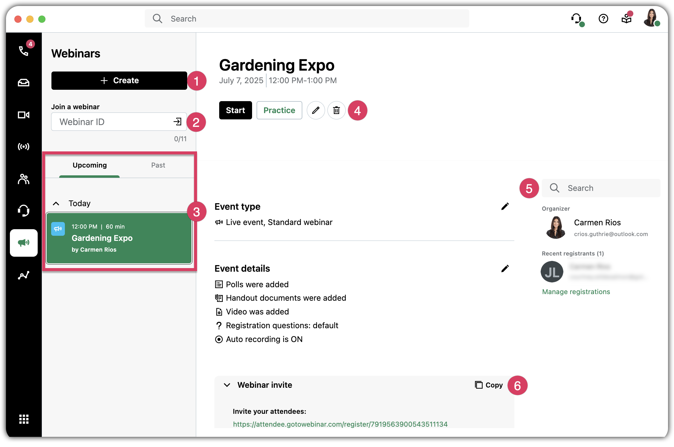 GoTo Webinar homepage on the browser or desktop app