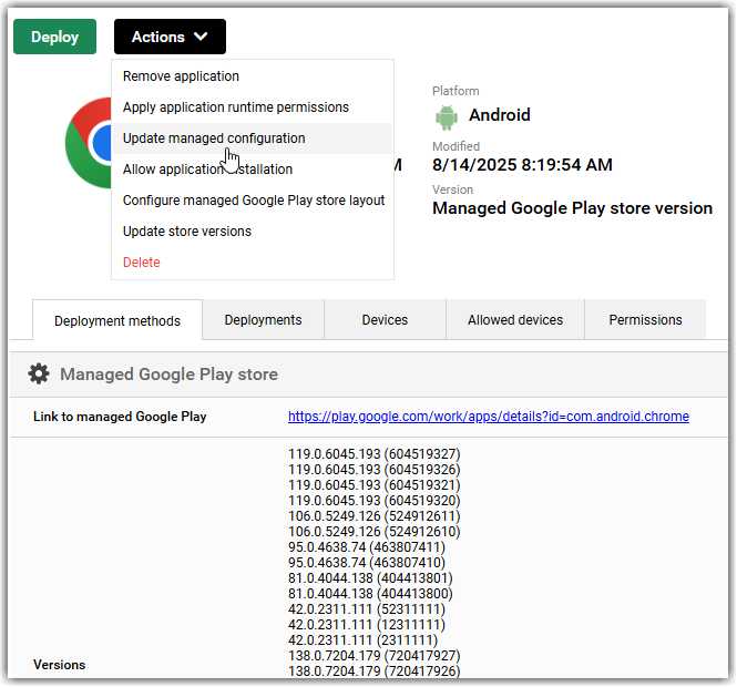 Selecting Update managed configuration from the Actions drop-down menu