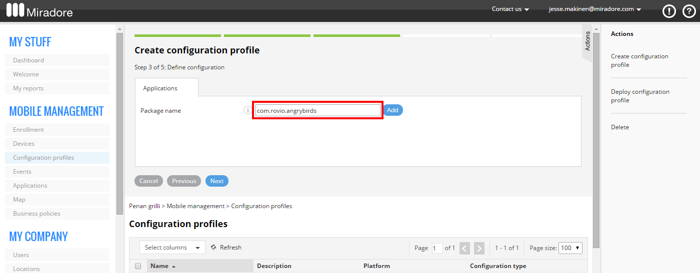 Creating a configuration profile in Miradore.