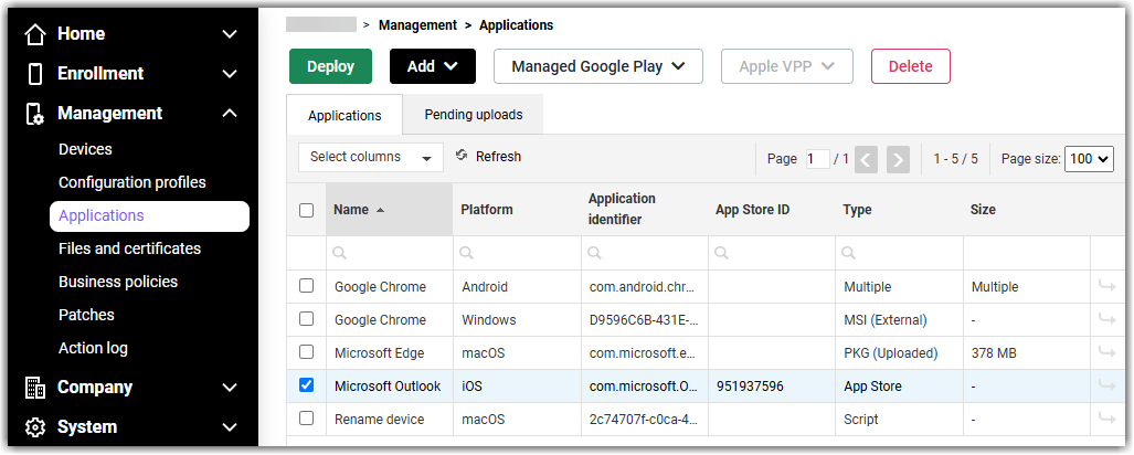 Devices tab on the Application page shows which devices have some version of the application installed.