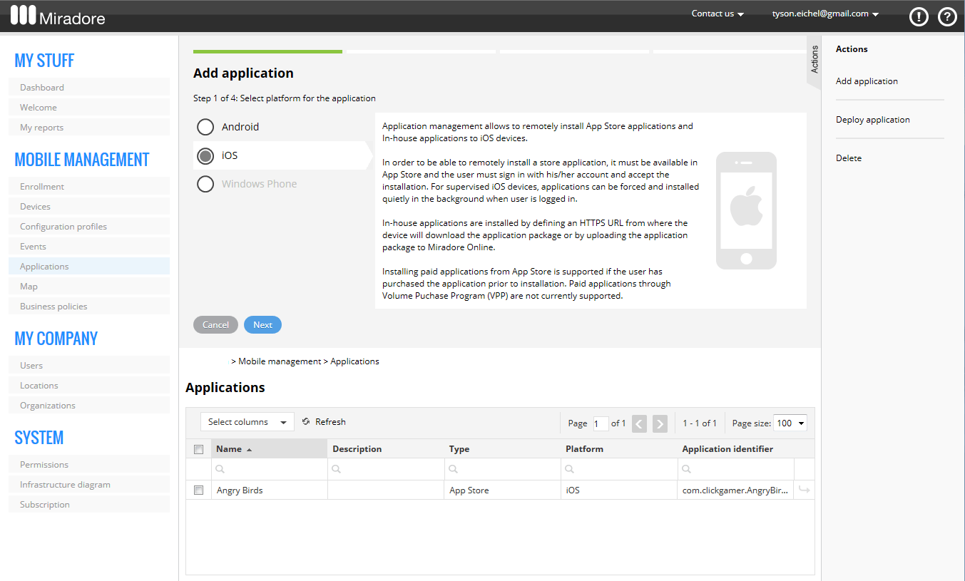 Adding an application in Miradore.