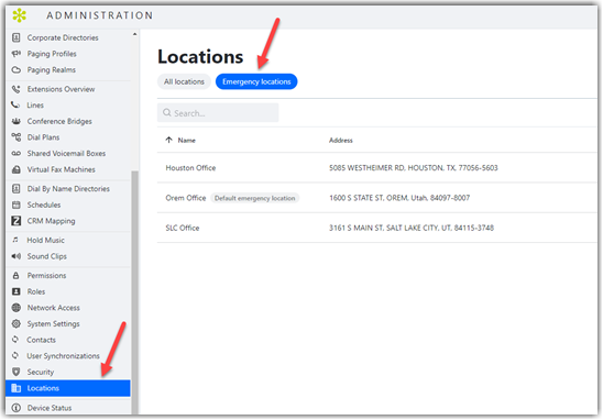 Jive Admin Portal Locations view