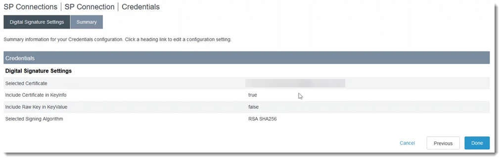 Service Provider Connections Credentials settings in PingFederate