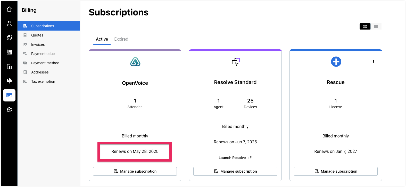 Subscriptions page in GoTo Admin Billing with a call out over the plan renewal date.
