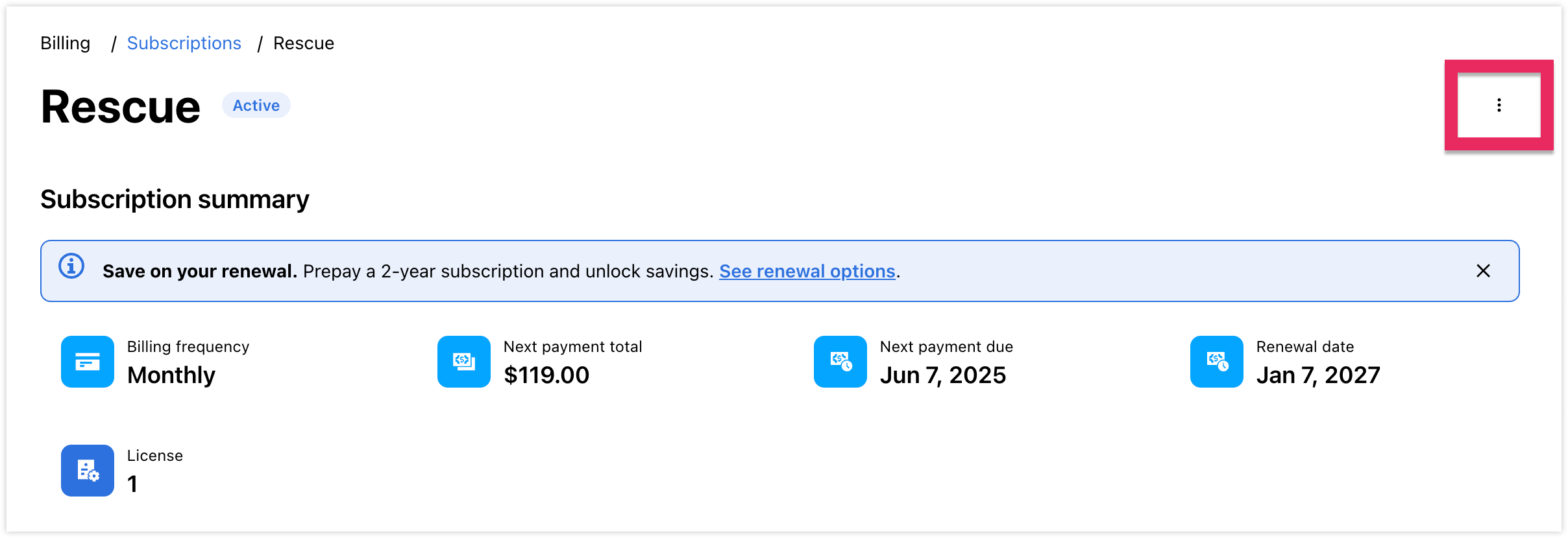Subscription management page with a call out over the three-dot icon.