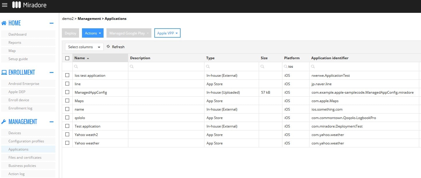 Applications view in Miradore.