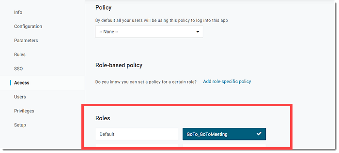 Select role for Quicklink in OneLogin