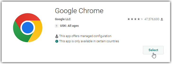 Clicking Select on the Google Chrome search result