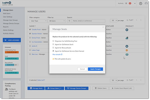 Manage seats for users