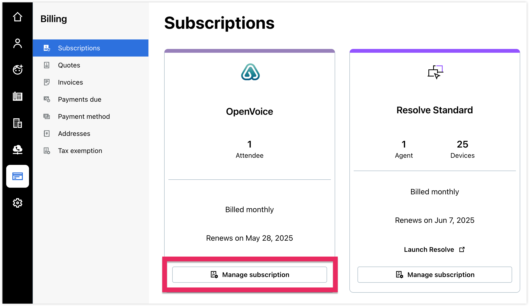 Subscriptiones con una llamada sobre "Gestionar subscriptiones".