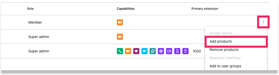 Option déroulante Ajouter des produits à partir de la page Utilisateurs.