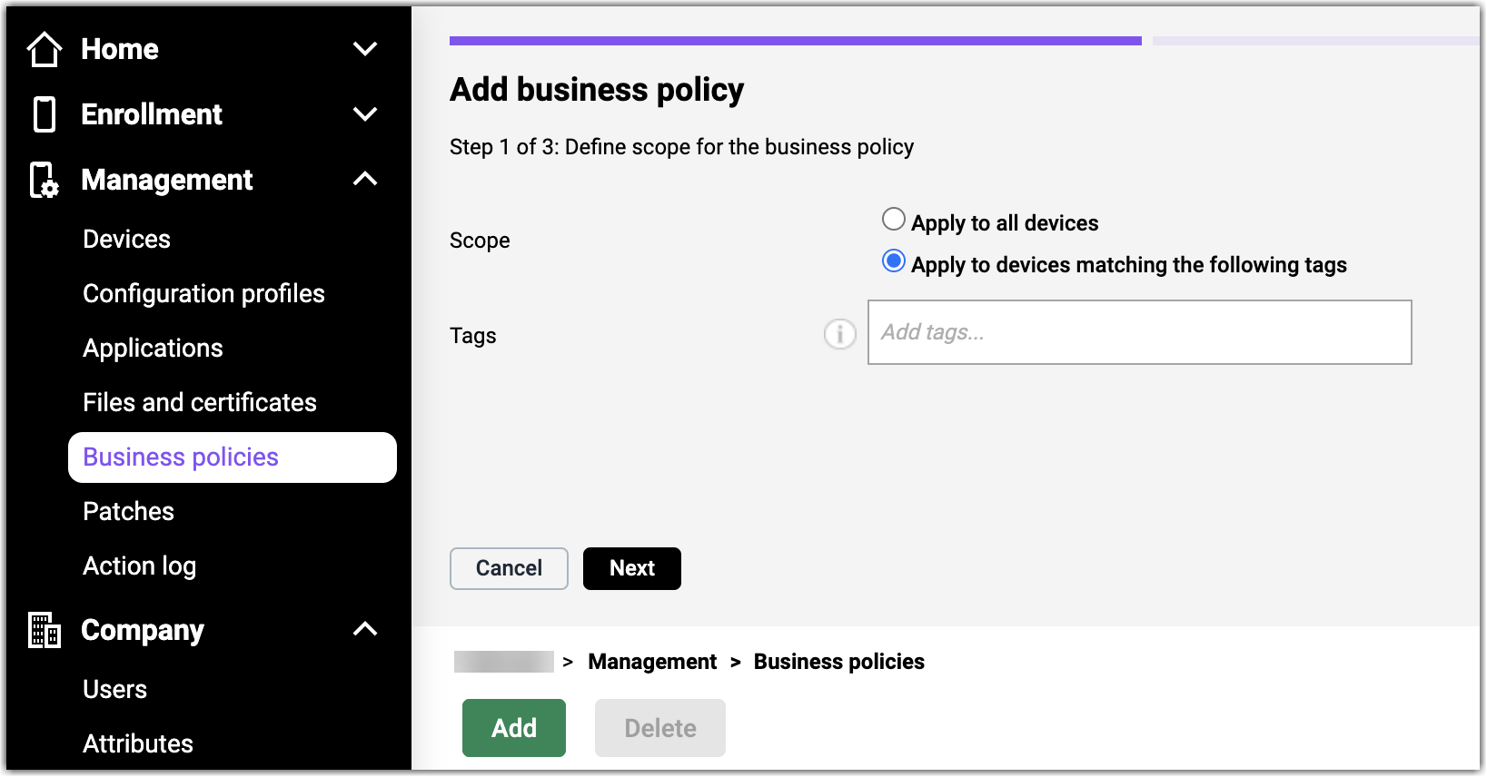 Define scope for business policy