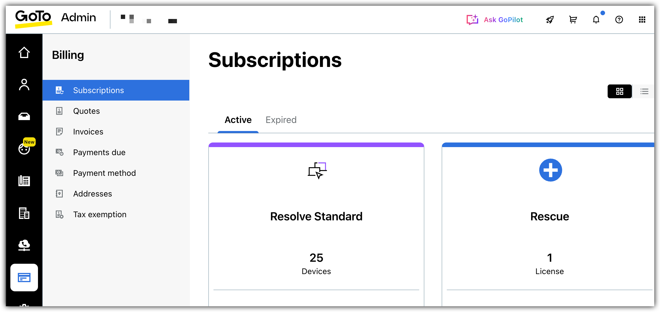 GoTo Admin Subscriptions page